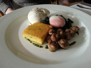 Burrata with polenta, slow-cooked egg, spinach & mushrooms